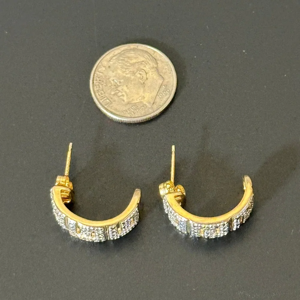 925 Gold Tone Greek Key Pavé Crystal J-Hoop Earrings Geometric Meander Half Hoop